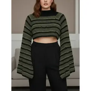 Plus Size Striped Printed Wave Sleeve Crop Top Sweater, Autumn/Winter Casual Long-Sleeve Stand Collar Jumper for Women’s Daily Wear GARMENTARY