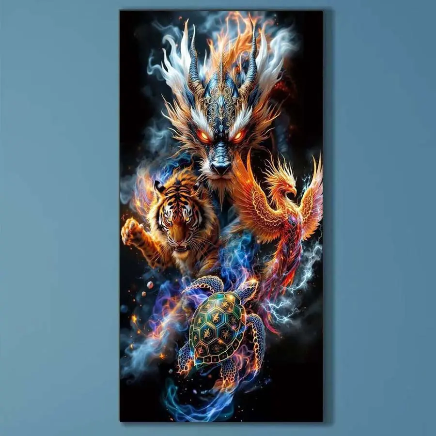 5D DIY Full Drill Round Diamond Painting - Diamond Art Kit, Dragon, Tiger, Phoenix, Animals Mosaic, Canvas - DIY Decorative Painting, Home Wall Decor, Suitable for Halloween and Christmas, Birthday and Anniversary Gifts, Craft