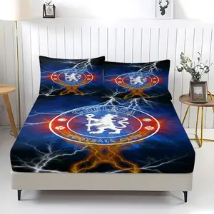 CHELSEA FOOTBALL CLUB Emblem Pattern Non Fading Fitted Sheet, Decorative Bedsheet Sets, Including 1 Bed Sheet and 2 Pillowcases, Anti Slip Dust Cover Suitable for Football Fans' Bedroom Bedding Set, Suitable for Personal Use or as a Gift for Others