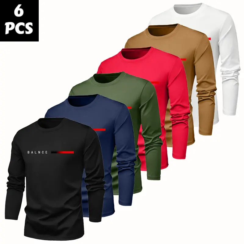 Men's Round Neck 6-Piece Multipack Graphic Long Sleeve T-Shirts - Soft Breathable Quick-Dry Fitness Tees, Assorted Fun Prints, Diverse Colors, Great Value, Ideal for Daily Street Wear, Sports Training (Pack of 6, XL Option Available), Athletic Apparel, Br