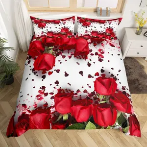 Feelyou Rose Red Botanical Design Duvet Cover - Bedroom Bedding Set, Microfiber Bed Set, Breathable Bedding, Decorative Cover, Machine Washable, Romantic Flower Linen for Valentine's Day Couples (No Comforter), Breathable Duvet Set