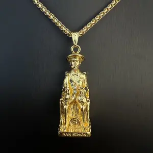 Pyrexta Jewelry 14K Real Gold-Plated San Simon Pendant Necklace for Men Women 3D Design 22 Inches Chain Elegant Gold Finish Religious Gift for Fashion Lovers