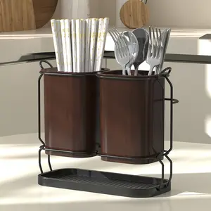 Multifunctional Kitchen Utensil Storage Rack, Drying Design with Drain Tray, 2-3 Compartment Cutlery Holder, Farmhouse Style, Home Use