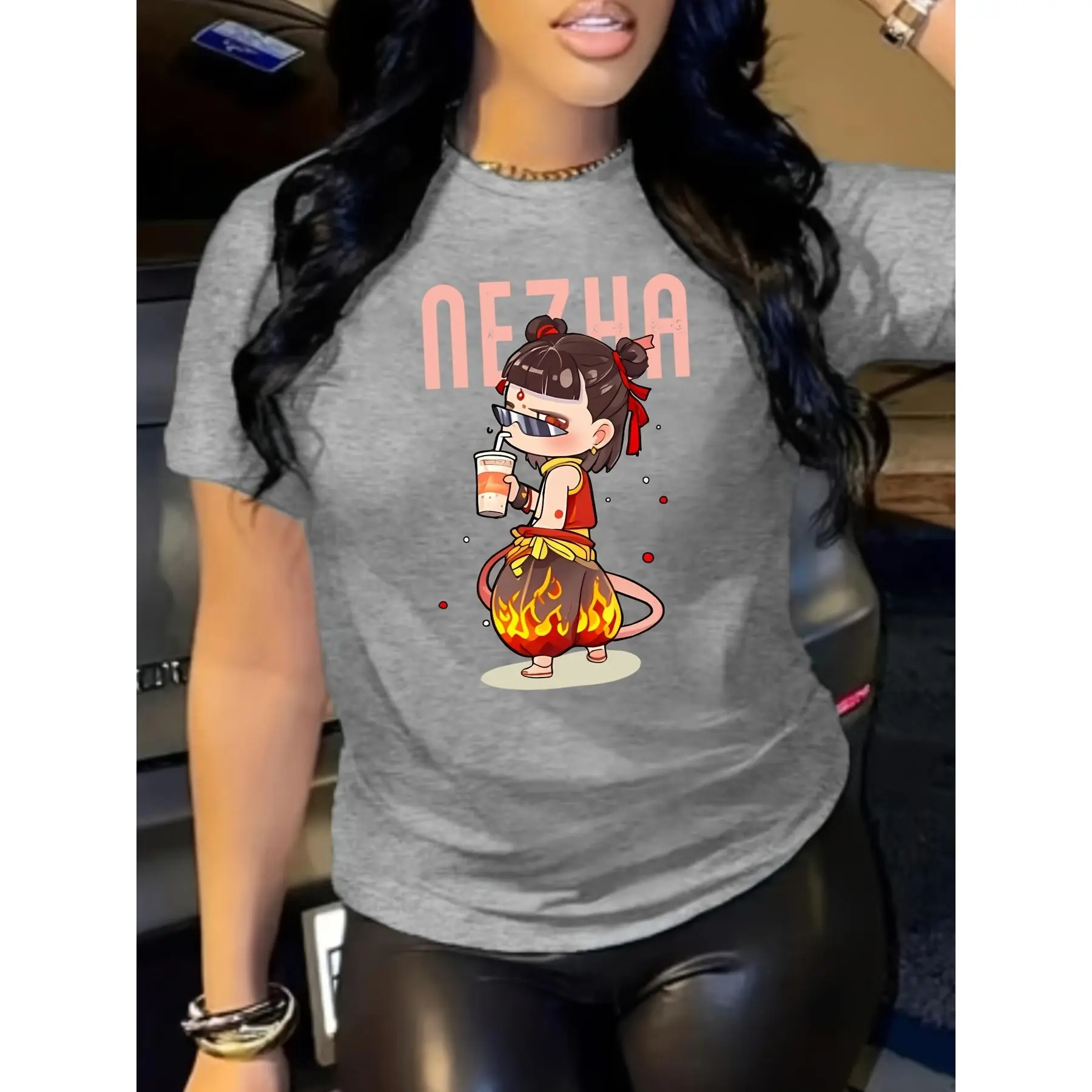 Women's Casual Summer T-Shirt | NEZHA Brand | Vibrant Geometric Print with Cartoon Character & Flame Design | Polyester-Spandex Blend | Machine Washable | Glossy Finish | Multi-Color Short Sleeve Top, Casual Summer Wear | Fun Casual Top | Stretchable Fabr