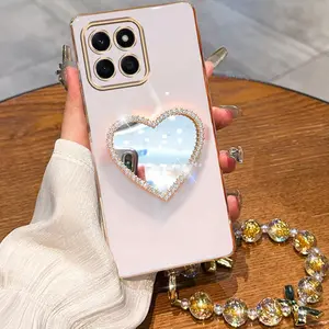 Honor X8b Popular Golden Luxury Jewelry Pearl Stand Lanyard Strap Lanyard Phone Holder Case For Compatible With Huawei Honor X8b Transparent Glitter Shiny Cover and Shockproof Advanced and Convenient Love Mirror Protector Cases