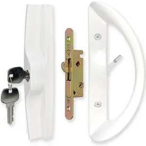Patio Sliding Door Handle Set with Mortise Lock, Key Cylinder and Face Plate, Full Replacement Handle Lock Set Fits 1-1/2" to 1-3/4" Door Thickness, 3-15/16" Screw Hole Spacing, White