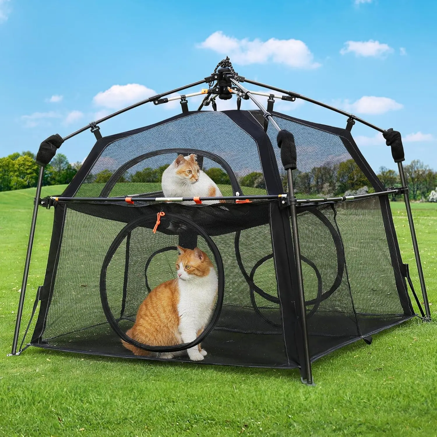 Extra Large Outdoor Catio Enclosure - 2-Tier Foldable Cat Playpen with Weatherproof Sunproof Heavy-Duty Steel Frame, Windows, Water-Resistant Design for Patio, Balcony, Portable Pet Kennel