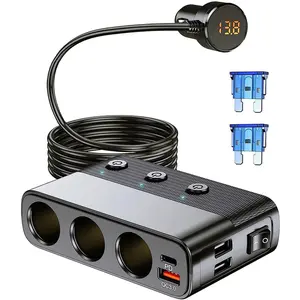 7-In-1 Car Charger Adapter, Type-C Qc3.0 PD 30w Fast Charging, Dual USB Ports, LED Voltage Display, 12V/24v Plug, 3.3ft Cable, Multifunctional Charger