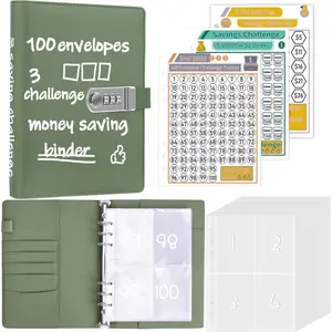 100 Envelopes Money Saving Challenge with Lock, A5 Money Saving Binder, Savings Challenges Book with Envelopes & Tracker to Save $5,050 - Password Lock to Protect Cash Security, Olive Green
