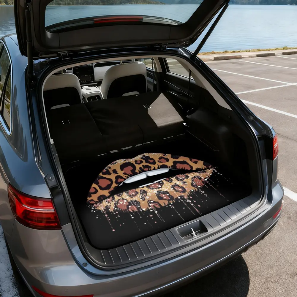 1pc Leopard Lip Art Glam artwork Vehicle Cargo Mat, universal trunk liner for SUV, sedan, or wagon, ideal for school runs, grocery shopping, family vacations, and keeping your car clean | Auto Boot Floor Mat, Trunk Mats, Automotive Mats, Car Cargo Liners