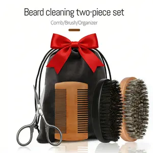Men's Beard Care Set, Includes Brush, Dual-Sided Wooden Comb, Trimming Scissors, Drawstring Storage Bag, Portable Travel Kit, Holiday Gift