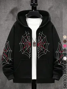Unisex Spider Web Print Hoodie, Hooded Design, Zipper Front, Fitted Long Sleeve Sweatshirt, Street Style Fashion for Fall & Winter