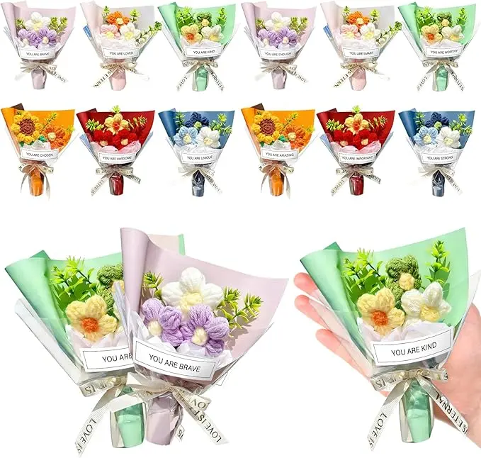 12 Pcs You are Positive Crochet Gifts Positive Handmade Mini Crochet Flowers Bouquet Thank You Flower Bouquet Appreciation Gifts for Women Teacher Nurse Social Worker Birthday Gift