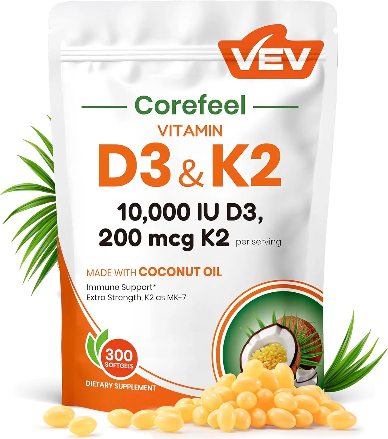 Vitamin D3 10000 IU with K2 MK7 Softgels, Virgin Coconut Oil Enhanced Absorption, Daily Vitamin Supplement to Support Calcium Utilization & Skeletal Wellness for Adults, 300 Count Softgels