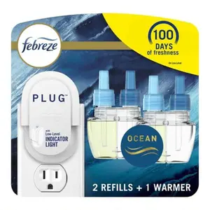 Febreze Plug in Air Fresheners for home, Air Freshener Plug In, Wall Diffuser, Ocean Scent, Odor Fighter for Strong Odors, 1 Warmer + 2 Oil Refills Long-lasting