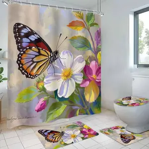 Butterfly & Flower Pattern Bathroom Accessories, 4 Counts/set Including Shower Curtain & Toilet Lid Cover & Bathroom Mat & U-shaped Mat, Bathroom Decor Supplies