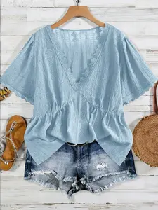Plus Size Women's Light Blue Lace V-Neck Lightweight Chiffon Top, Womenswear, Blouse, Waist-Cropped Babydoll Shirt, Summer Chic Casual Wear, Daily, Commute, Date, Vacation