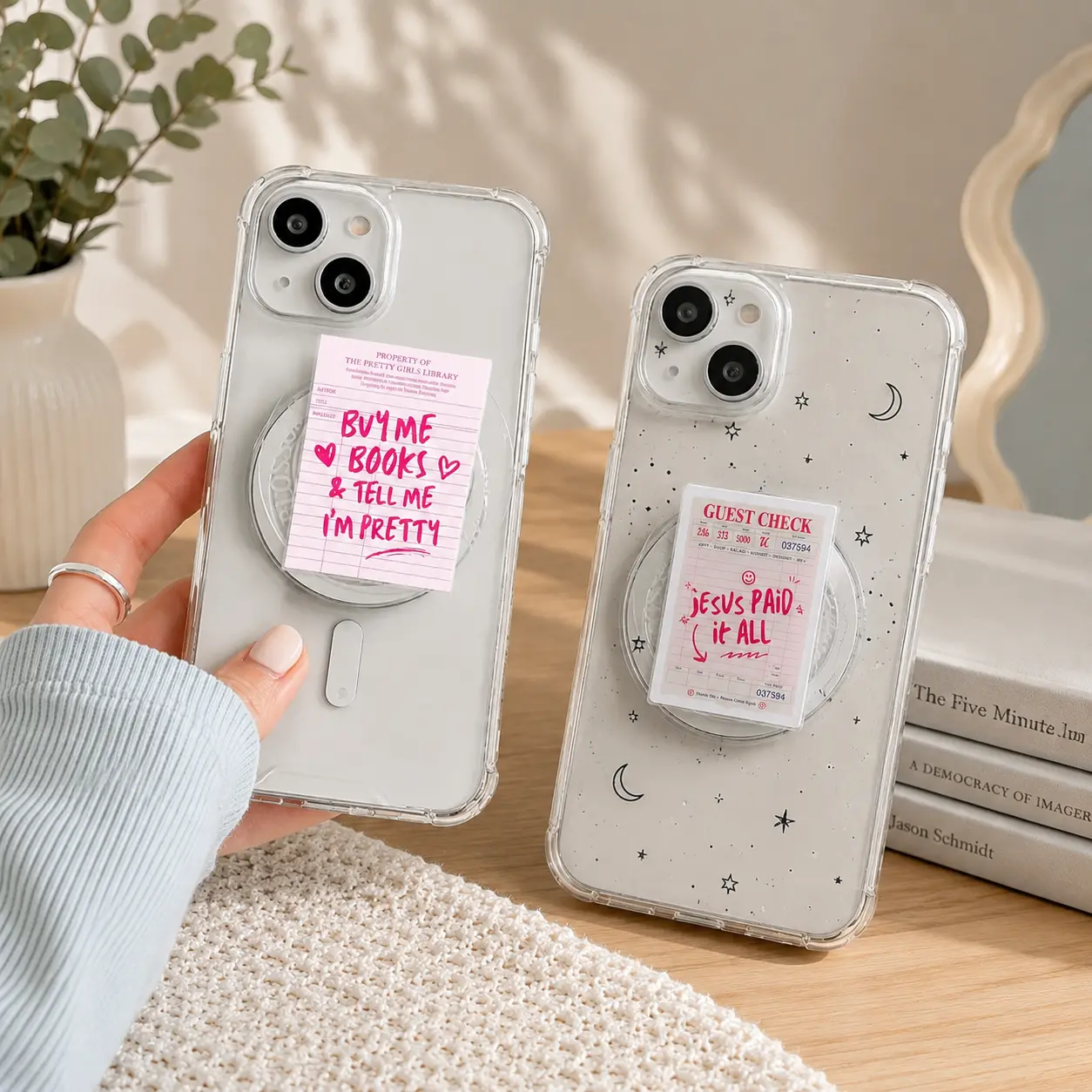 Bookish Magnetic Phone Grip, Pink Library Note Design, MagSafe Pop Socket Style Phone Holder, Kindle Grip Stand, Reader Gift Accessory Acrylic Aesthetic