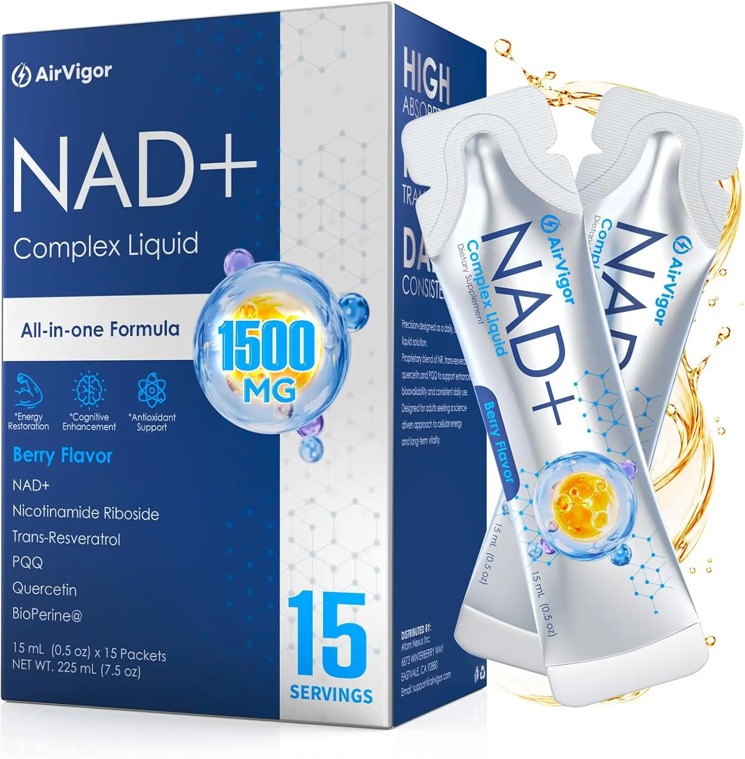 NAD+ Liposomal Liquid Dietary Supplement with NR, Resveratrol, Quercetin & PQQ - GMP Certified Antioxidant Rich Energy Boost, Cellular Energy Support, Daily Wellness, Berry Flavor, 15 Servings, Natural Defense