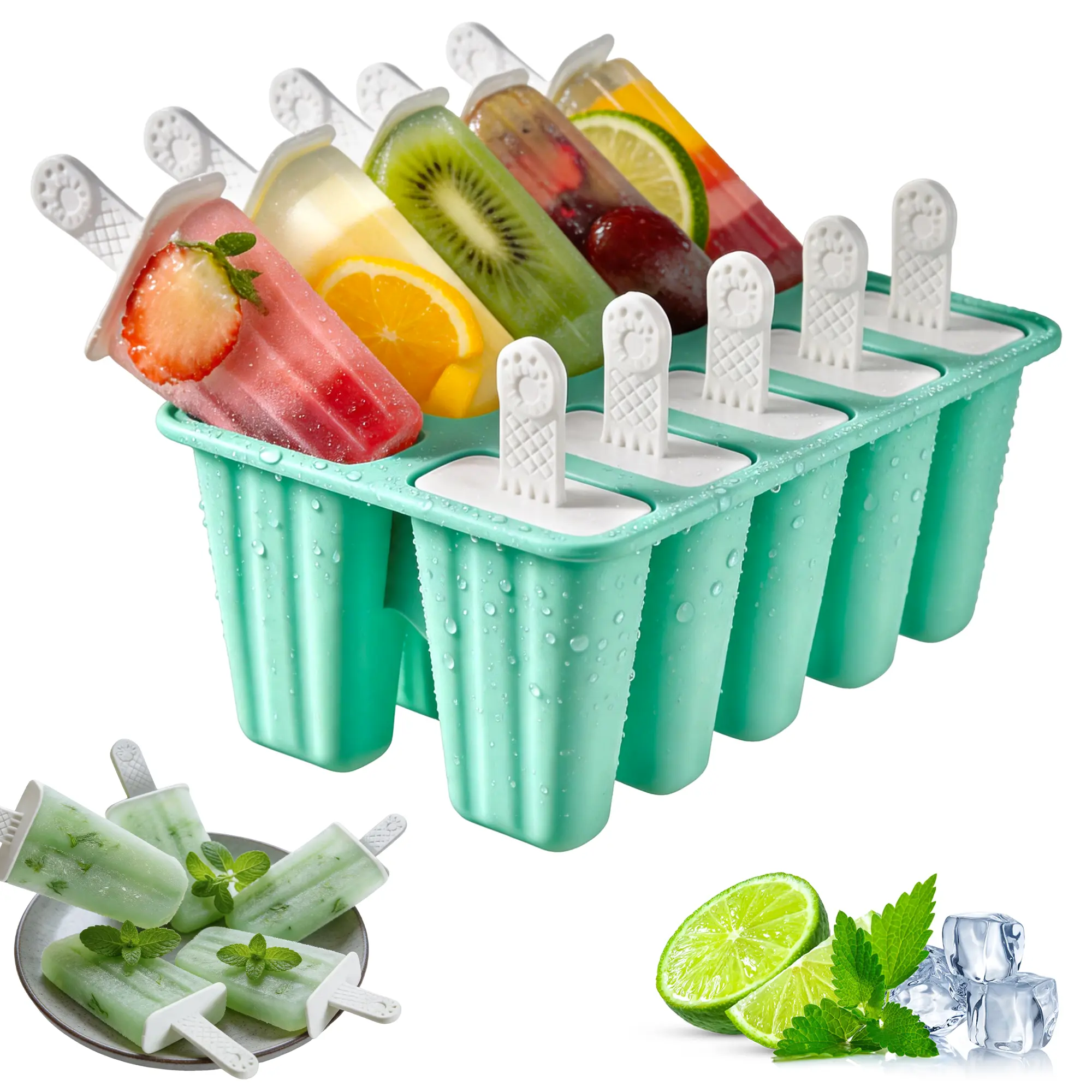 Reusable Silicone Popsicle Molds Set - 10-Cavity Multiple Freezer Molds with 10 Sticks, Easy-Release Ice Pop Maker for Kids, DIY Kitchen Ice Lolly Utensil, Reusability