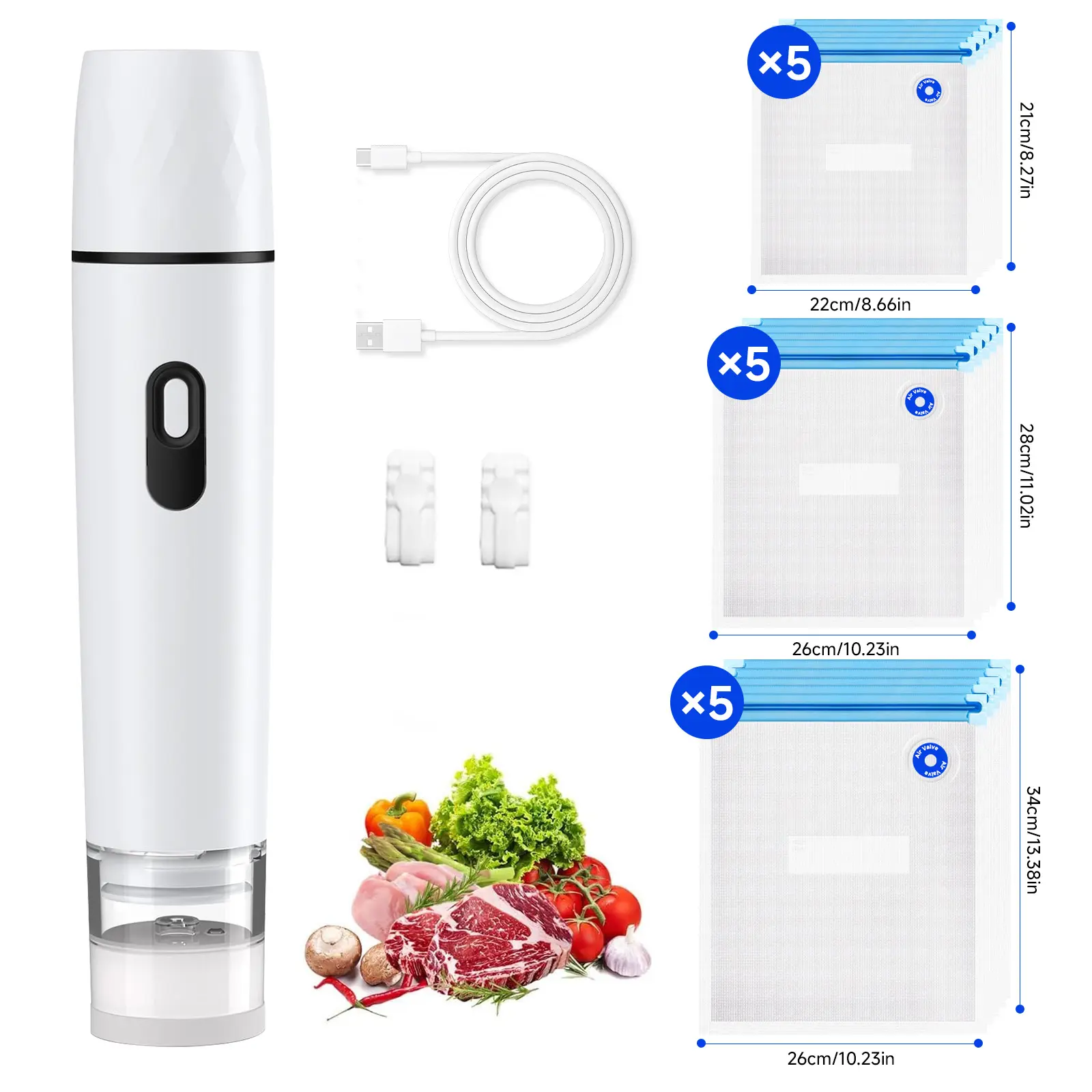 Packaging Machine. Includes 15 Vacuum Bags For Food Preservation,Reusable Vacuum Sealed Bags with 2 Sealing Clips, Used for Food Storage And Preservation, Suitable for Meat, Fruits, Grains, Vegetables