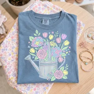 Comfort Colors Floral Spring Garden Watering Can T-Shirt, Vintage Grandma Core Shirt, Colorful CottageCore Tee, Pastel Gardening Lover