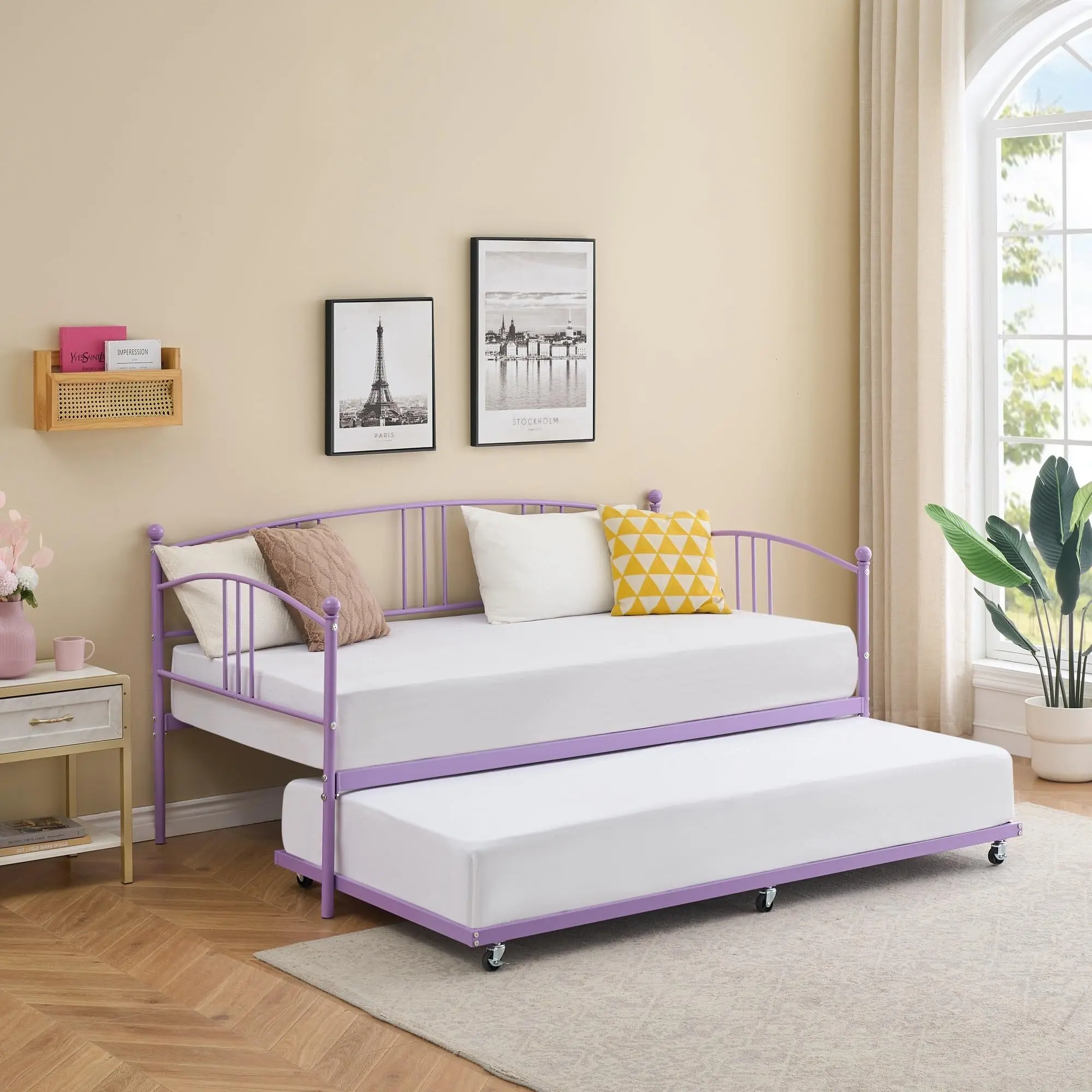 Gaomon Purple Twin Daybed with Pullout Trundle - Standard Single, Simple Lines, 6 Casters, Steel Slats, Metal Frame Support, 6-8 in Height Range, Assembly Required, Multi-Functional for Living Room, Guest Room (Suitable for Teens, Adults)