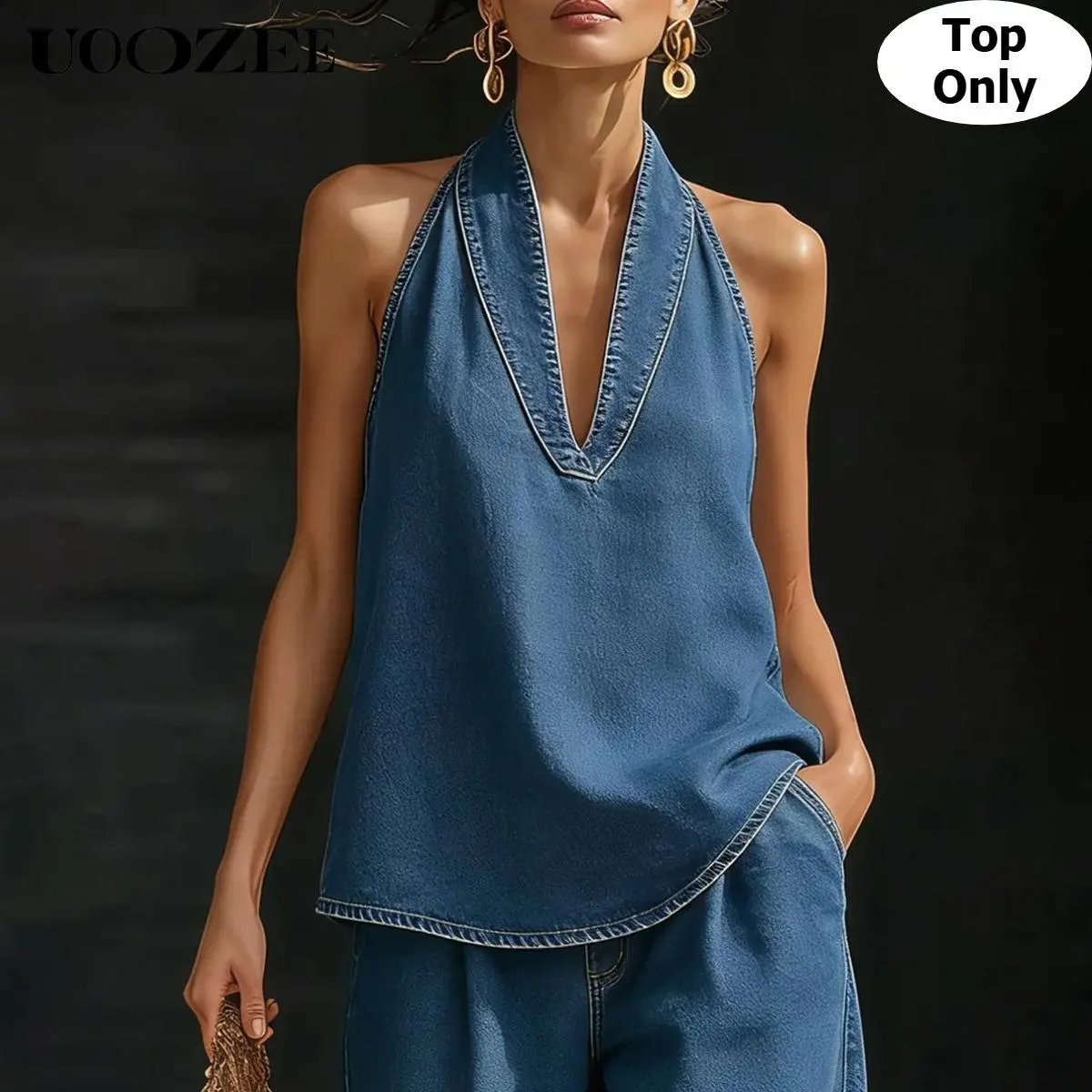 UOOZEE Women's New Summer Casual Loose Sleeveless V-Neck Denim Halter Vest (Top Only), Deep V Neck Sleeveless Blouse, Casual Loose Fit Summer Tank Top, Y2K Streetwear Halterneck Denim Shirt, 3 Colors Available, Women's Tops, Tank Top For Women