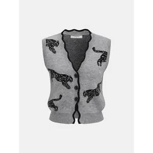 Panther Pattern Contrast Trim Knit Vest