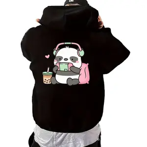 Casual Cotton Fleece Hoodie Sweatshirt with Panda Graphic for Women Oversized Pullover Long Sleeve