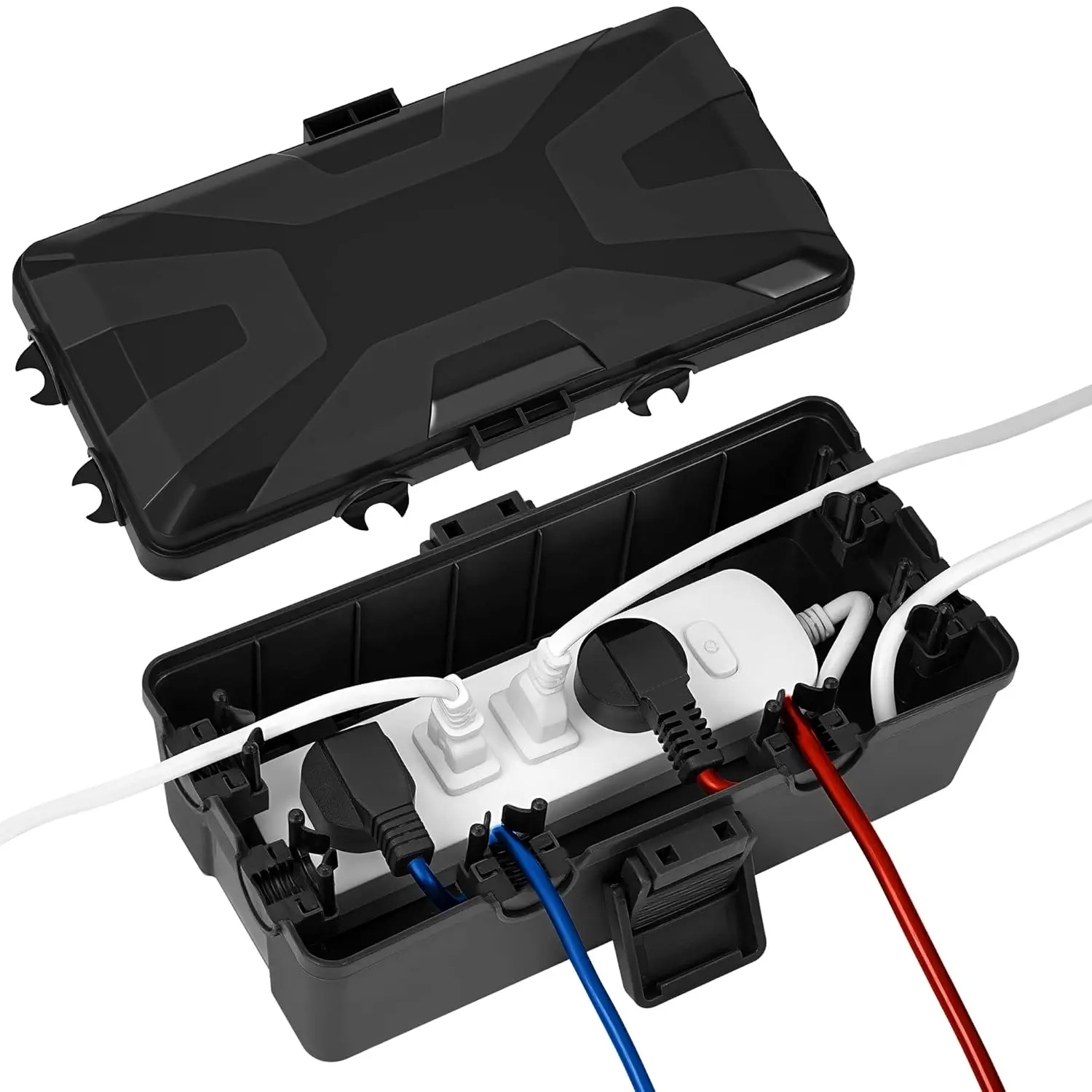 Medium Outdoor Electrical Box(10.4x6x4.2inch), IP54 , Weatherproof Connection Box w/6  Entry Ports, Extension Cord Cover Protect Power Strip, String Lights, Timer, Plug, Black