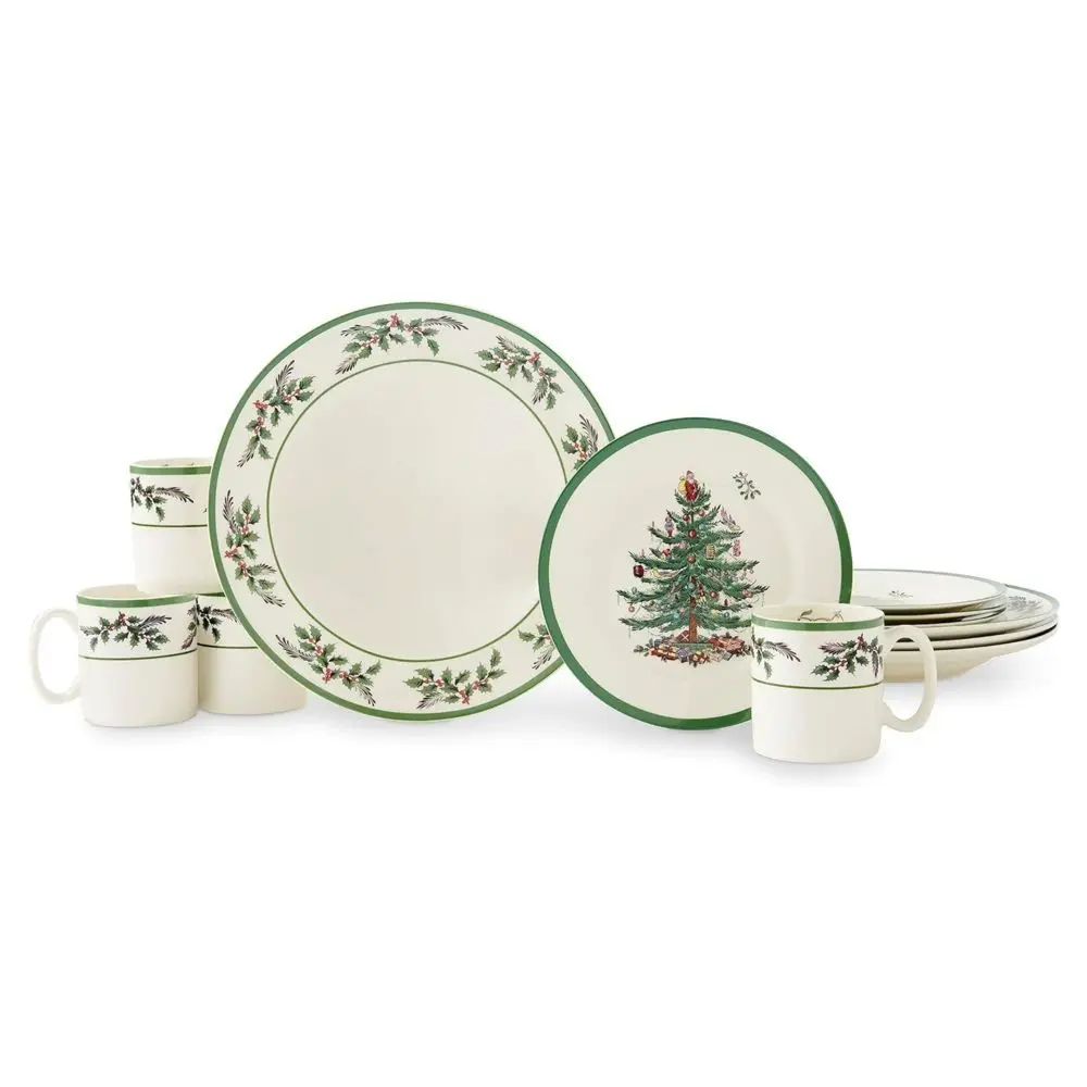 Spode Christmas Tree 12-Piece Dinnerware Set Service for 4 - Festive Holiday Tableware Collection with Plates and Mugs - Microwave & Dishwasher Safe