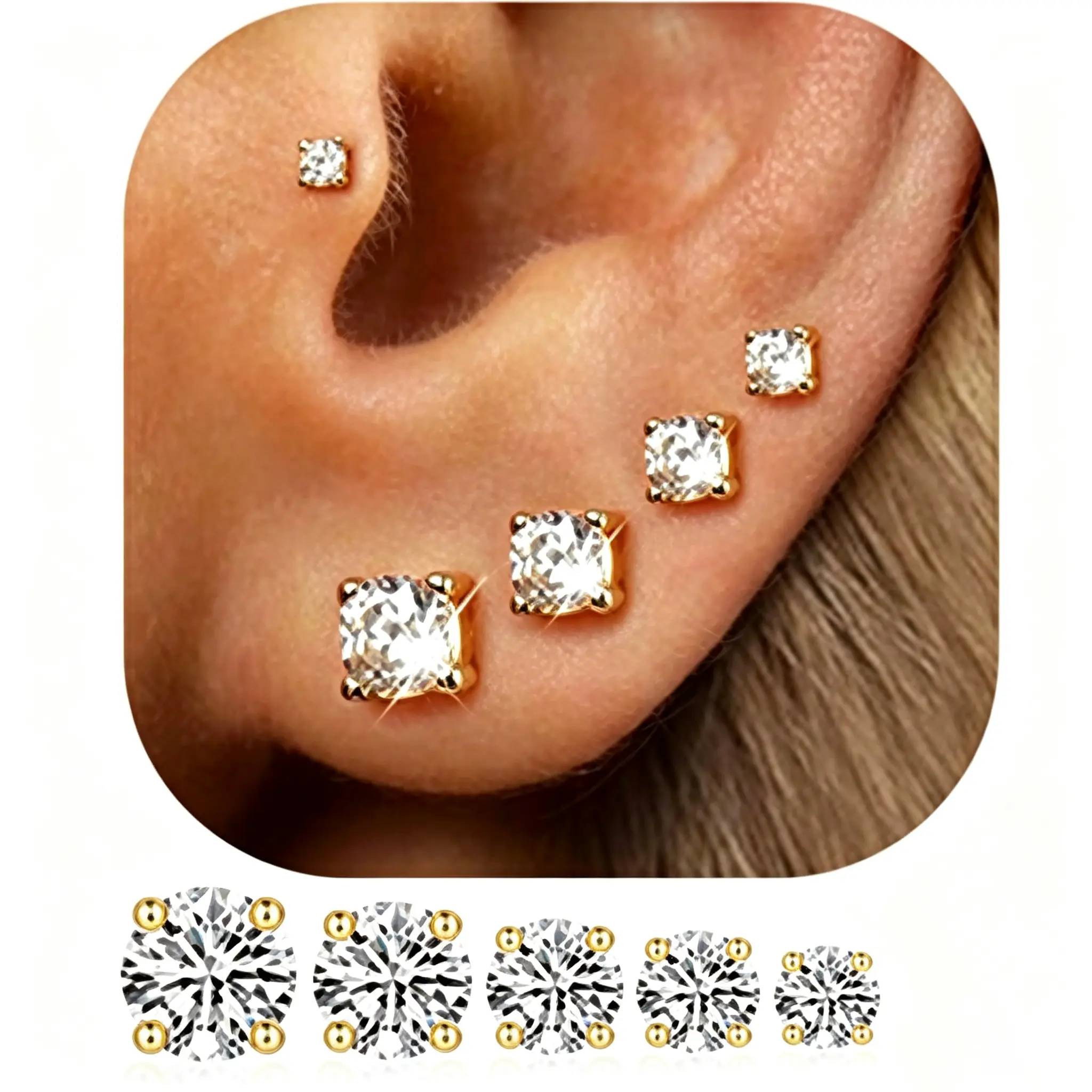 3-5 pairs of stud earrings for women, 14K gold plated hypoallergenic multi-piercing cartilage drop earrings, gift for women