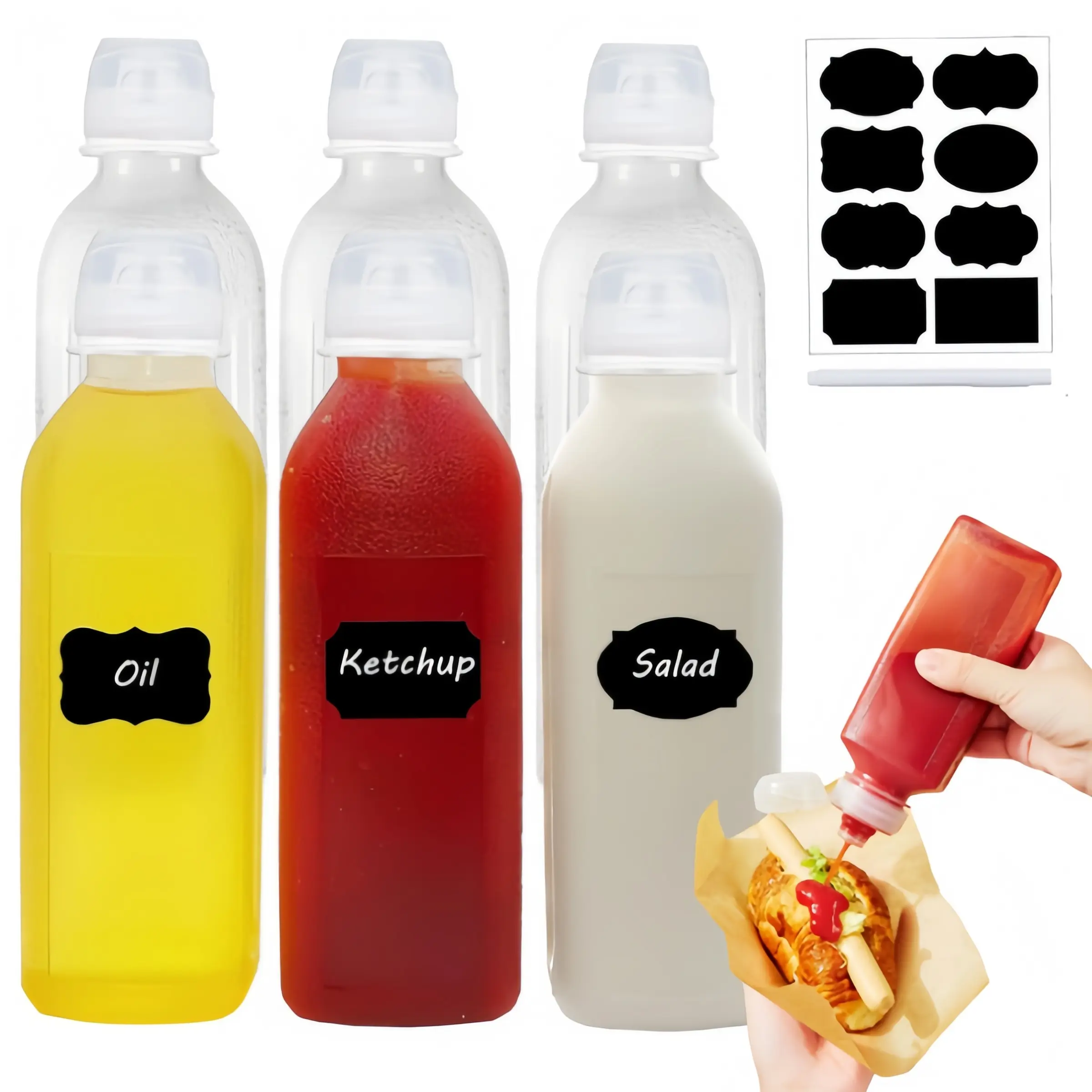 6 PCS Condiment Squeeze Bottles For Sauces,17 Oz Easy To Fill Clear Bottles,Ketchup Salad Dressing Container,With Self Closing Valve,Ready To Dispense For Dressings,Oil,Mustard And More, Durable, Reusable