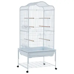 Large 69-Inch Metal Bird Cage with Play Top and Rolling Stand – Features Easy-Clean Slide-Out Tray, Durable Wrought Iron Construction – Ideal for Parakeets, Cockatiels, Conures, Lovebirds, Budgies, Finches – White Finish Large 69-Inch Metal Bird Cage with