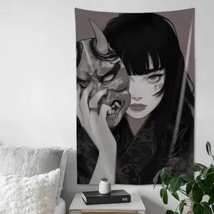 Japanese Female Samurai Tapestry Anime Girl Samurai Wall Art Cool Asian Japanese Wall Decor for Bedroom Home Office Living Room Decor for Men and Woman Wall Hanging Tapestries 40"x60"