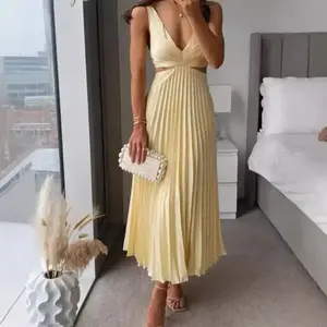 2025 Summer Temperament Elegant V-neck Sleeveless Hollow Backless Pleated Dress Backless Satin A- Line Camisole Dress Womenswear Formal Fitted Workwear Basic Minimalist Yellow Fashion Casual