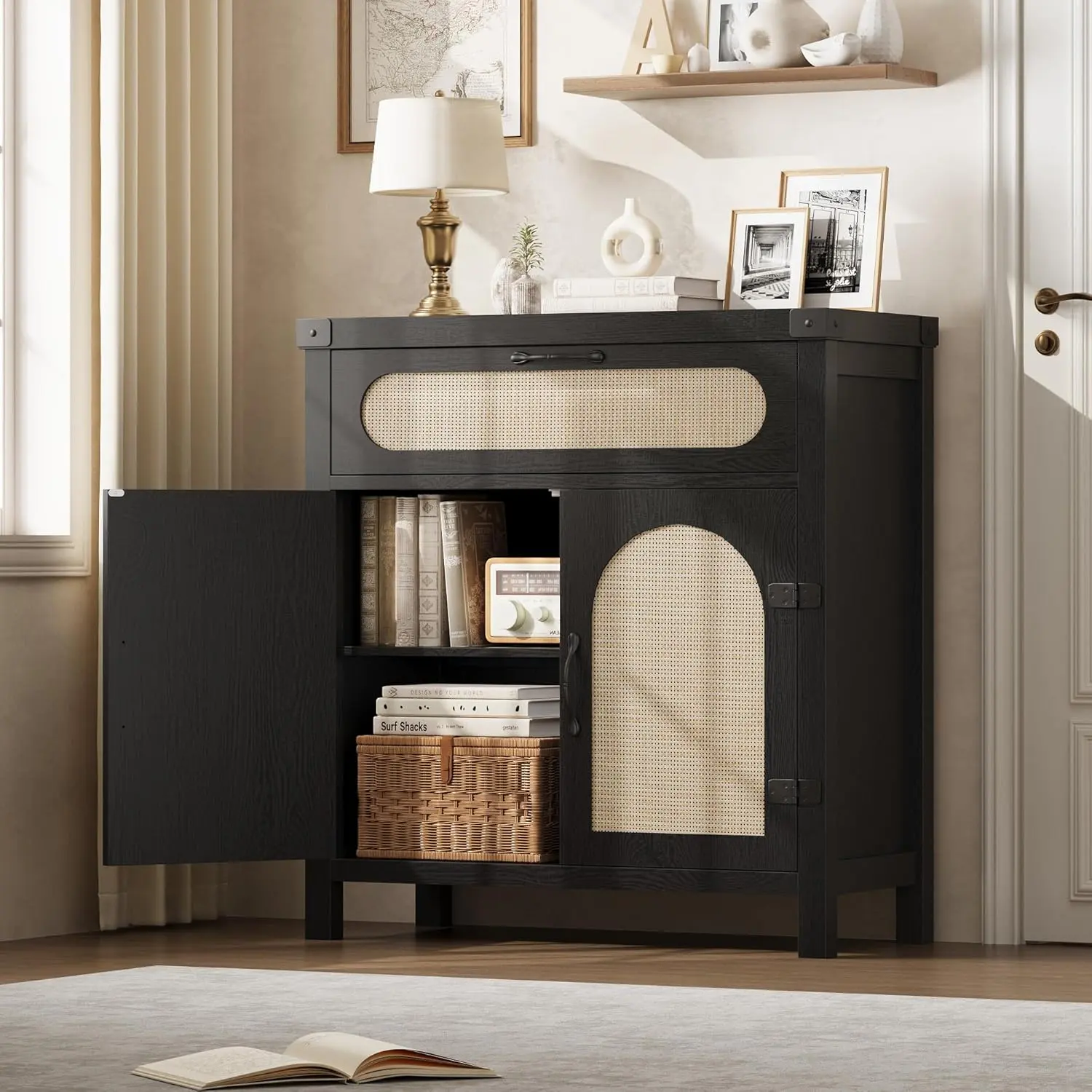 Gaomon 29.9in Handmade Woven Small Rattan Buffet Cabinet - Farmhouse Freestanding Storage Cabinet, Boho Sideboard with Arched Doors, Drawer, Adjustable Shelves, Handle for Kitchen, Living Room - Black, Farmhouse Storage Cabinet