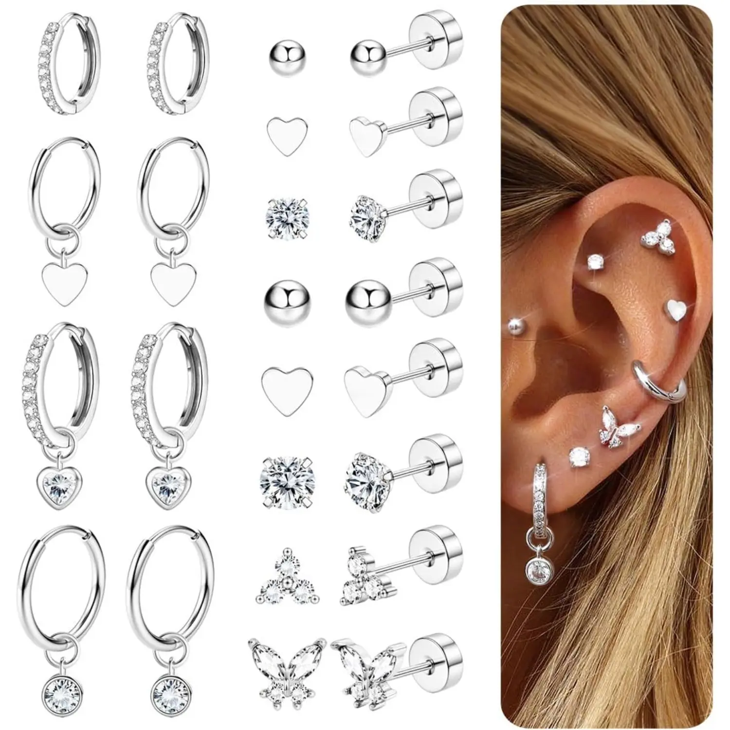 MILACOLATO Women's 15-Pair 316L Stainless Steel Earrings Set - Hypoallergenic Flat Back Hoops, Studs, Dangle & Heart Shaped Earrings, Waterproof for Daily Wear & Multiple Piercings, Non Tarnish Earrings