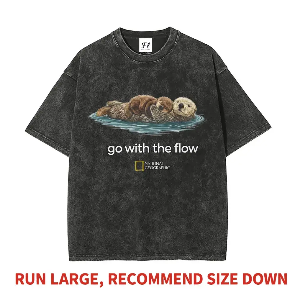 Men's Vintage Acid-Washed Oversized Heavy Cotton Seamless Short-Sleeve Round Neck T-Shirt - Front Cute Floating Sea Otters "Go With The Flow" Wildlife Graphic, Loose Drop-Shoulder Unisex Breathable Casual Menswear Top, Nature Aesthetic Streetwear Gift