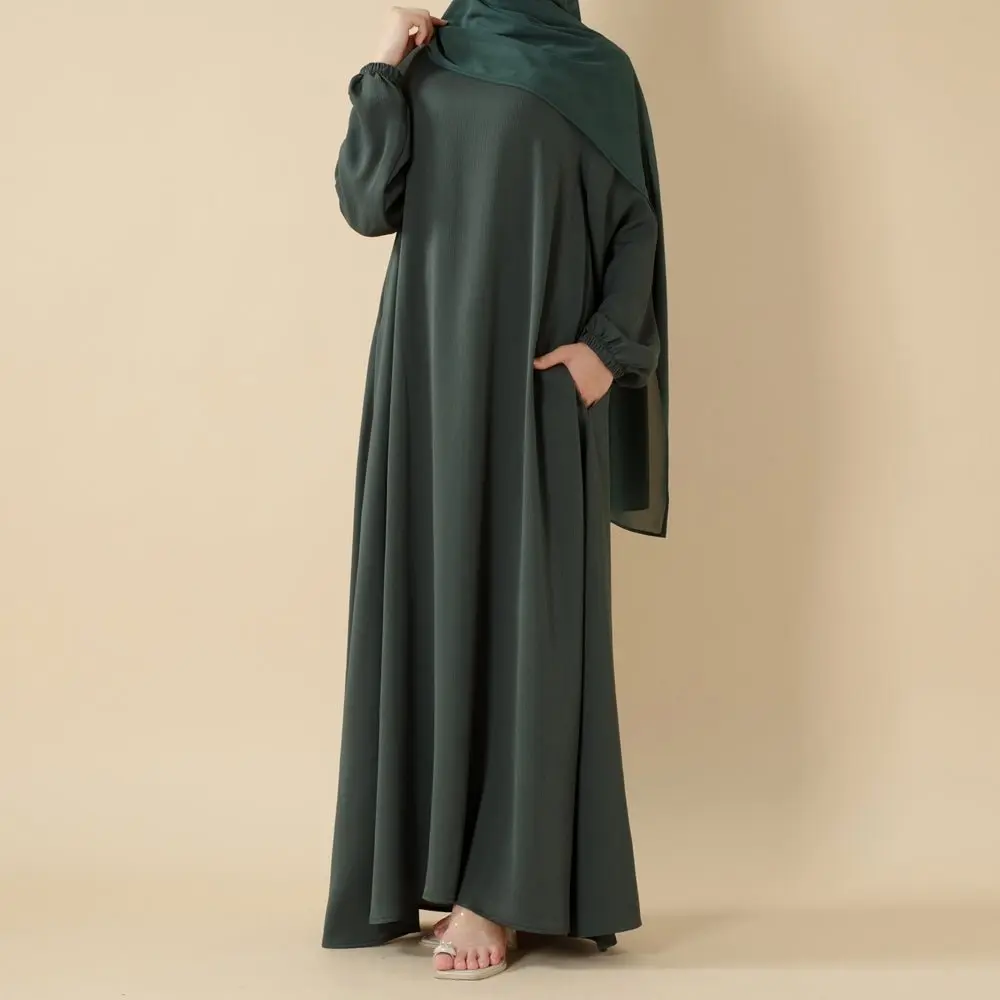 Women's Solid Color Umbrella-Cut Islamic Abaya, Breathable Modest Dress in Textured Nida Zoom Fabric with Pockets and Elastic Sleeves, Solid Color Abaya