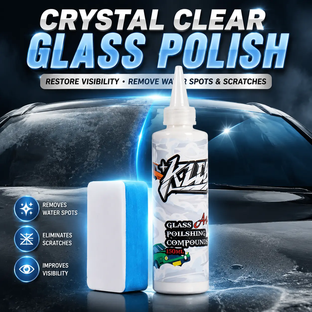 Car Glass Polish & Water Spot Remover – Removes Oil Film, Hard Water Stains, Rain Spots & Wiper Marks, Restores Crystal Clear Visibility, Hydrophobic Coating for Long-Lasting Windshield Protection & Water Repellency