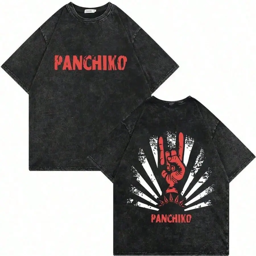 Harajuku Punk Hip Hop Washed Distressed Panchiko Band T Shirt Rock Hand Burst Line Print Oversized Cotton Short Sleeve Crew Top Daily Campus Bar Live Music Summer Outfit
