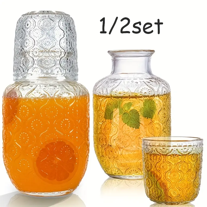1/2set Vintage Bedside Water Carafe and Glass Set for Bedroom Nightstand, Bedside, Ticked Glass Mouthwash Decanter for Bathroom, Water Pitcher Set 18.5oz