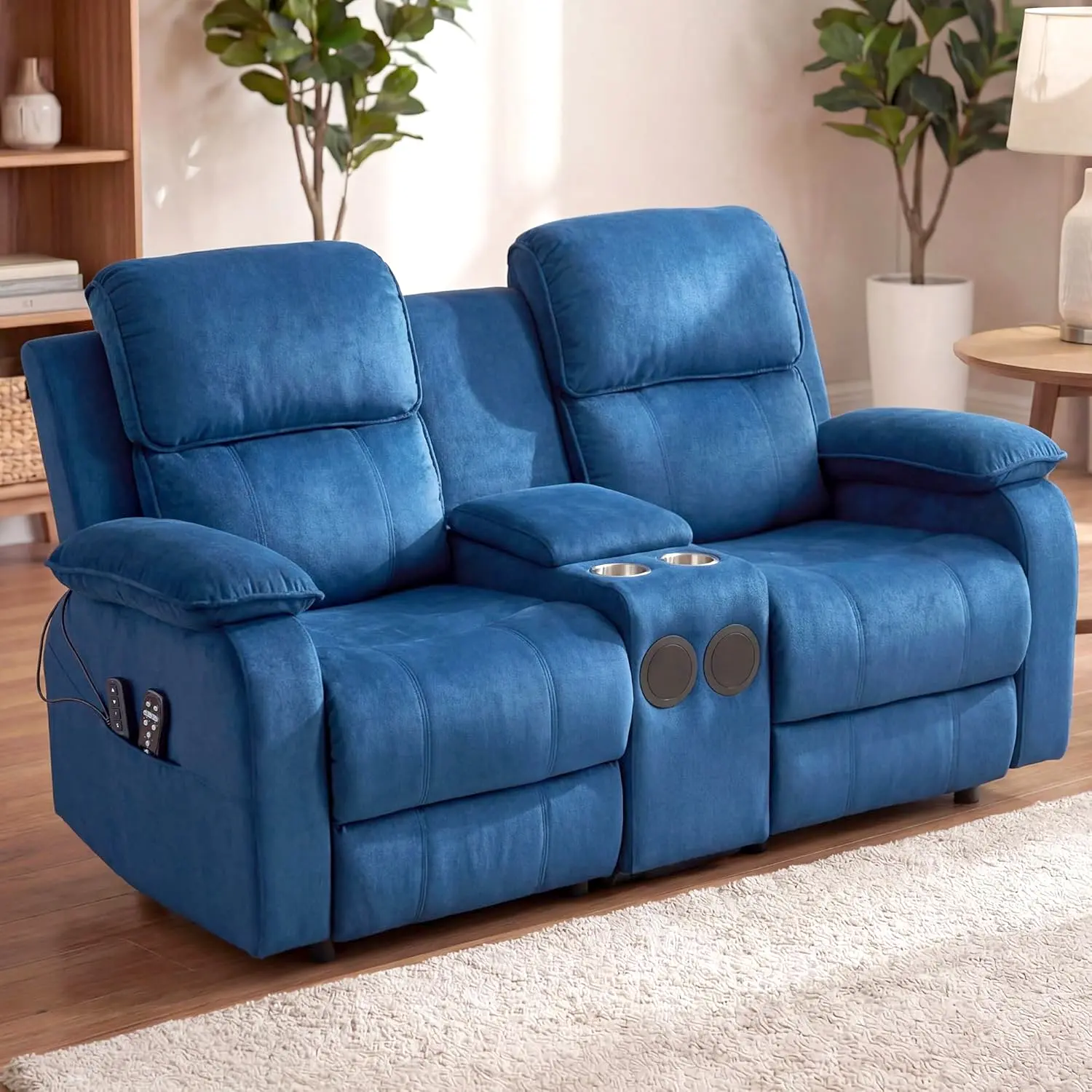 Flannel Fabric Ergonomic Recliner Power Loveseat for Living Room - 8-Point Massage System, Heat, Bluetooth Speakers, Flip-Top Storage, Cup Holders Ready, Fixed Arms, Side Pockets, Breathable Stain-Resistant Blue Indoor Furniture for Adults