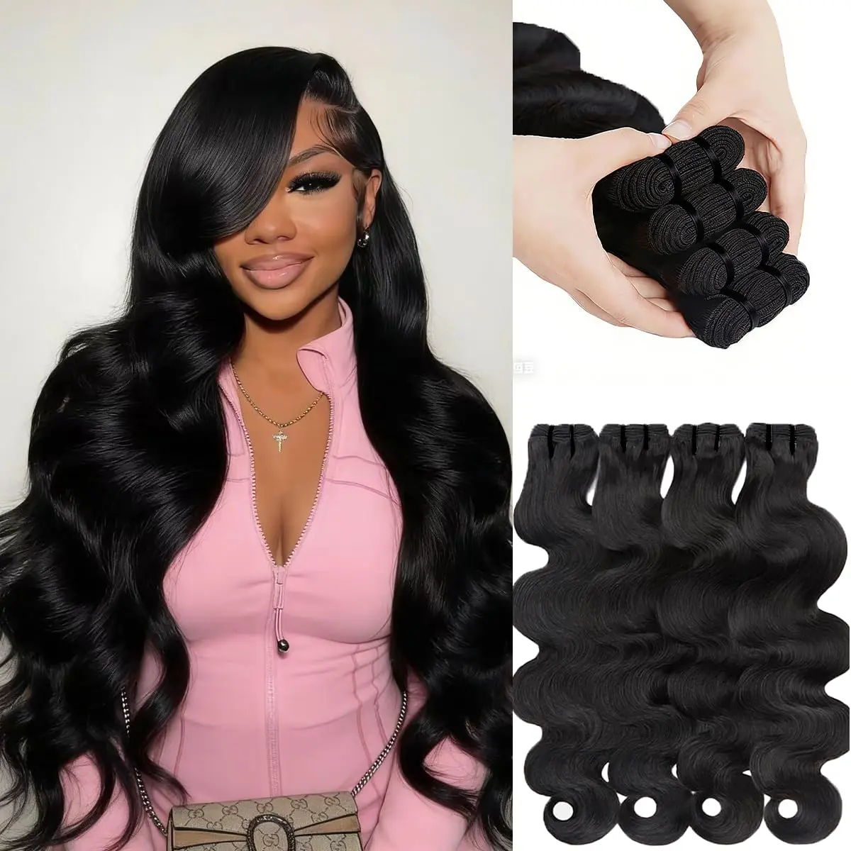 Gefily[16A ]Body Wave Bundles Human Hair Bundles 16A Brazilian Virgin Hair, Silky and Soft, 20 22 24 In Thick Weave Natural Black