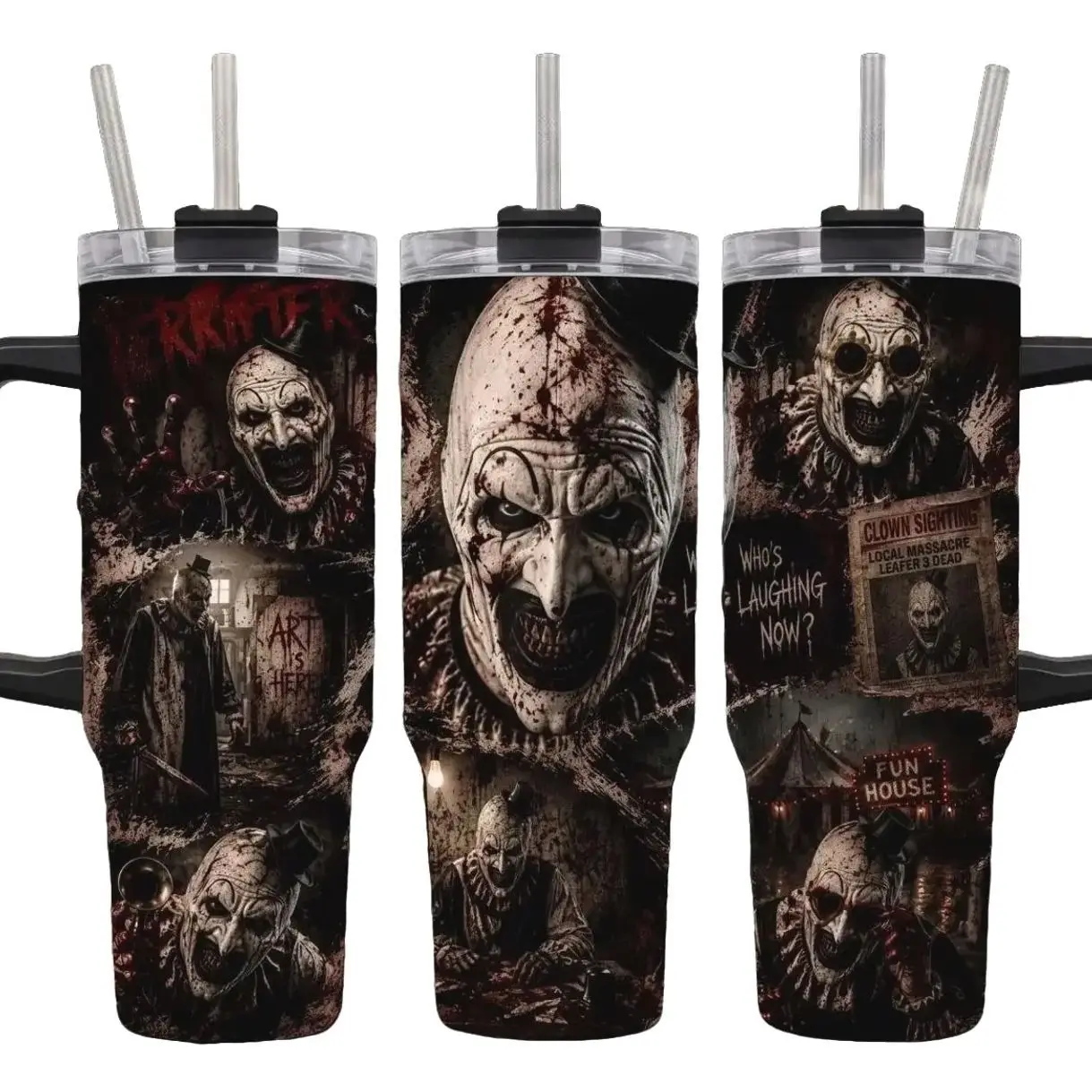 [MADE IN US] Vacuum Insulated Tumbler Terrifier Art The Clown with Lid and Straw - Stainless Steel Travel Coffee Mug Double Wall Hot & Cold Drink Cup Leakproof Portable