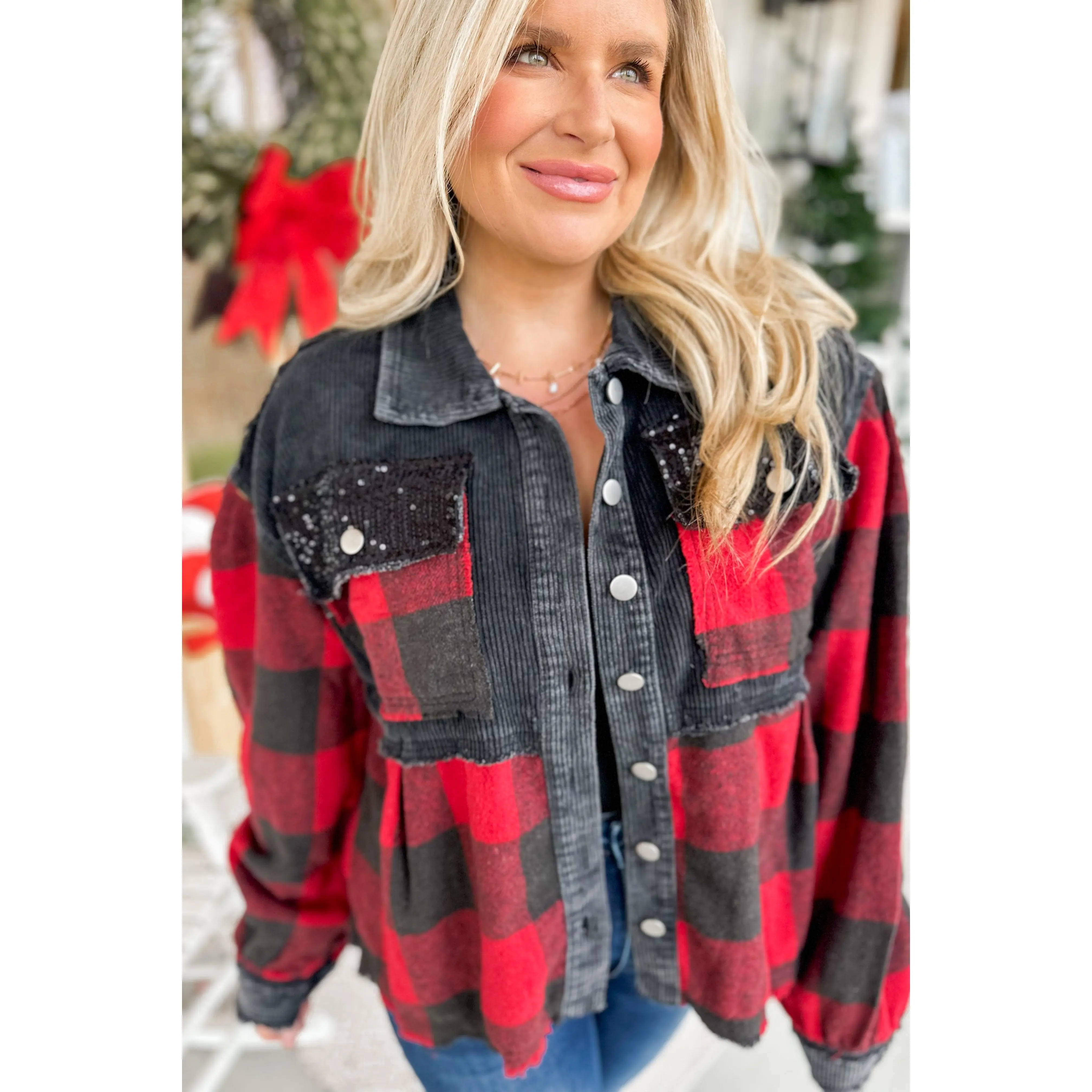 Layla Buffalo Plaid Corduroy Sequin Acid Wash Shacket Jacket *FINAL SALE*