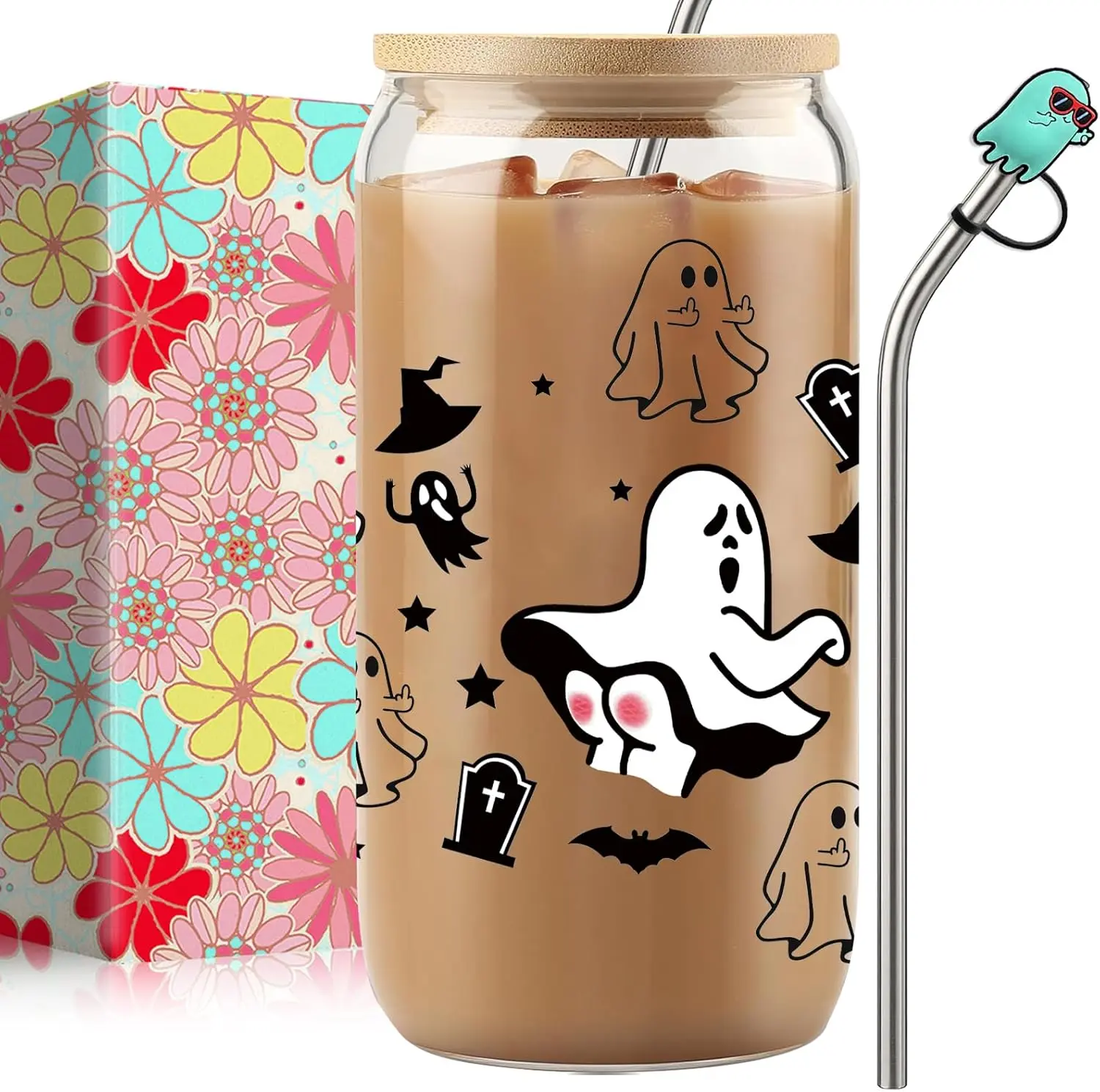 16oz Halloween Ghost Glass Cups with Lids and Straws, Cute Ghost Butt Themed Pattern. Iced Coffee Tumblers, Halloween The Gift with Box for Adults & Teens, Include 1 Silicone Straw Covers