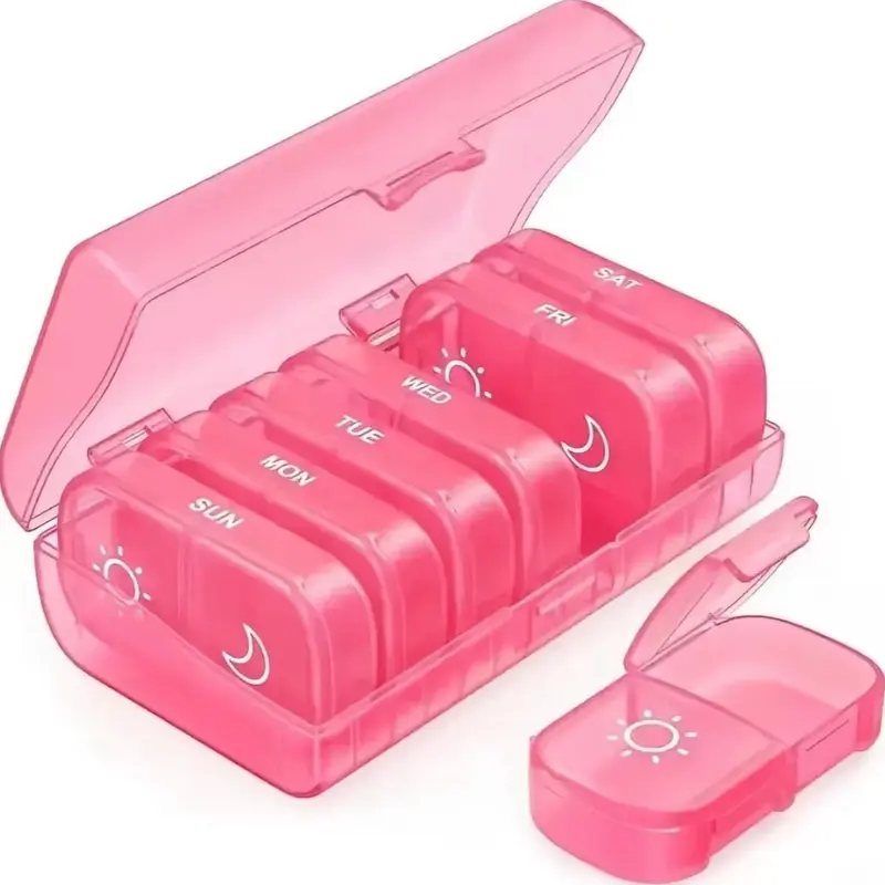 XL 7-Day AM-PM Pill Dispenser, Easy-to-Use Super Quality 1-Side Large Opening Pocket Organizer Pill Dispenser, On-the-Go Portable Travel Case for Medication, Vitamins, Supplements (Pink)